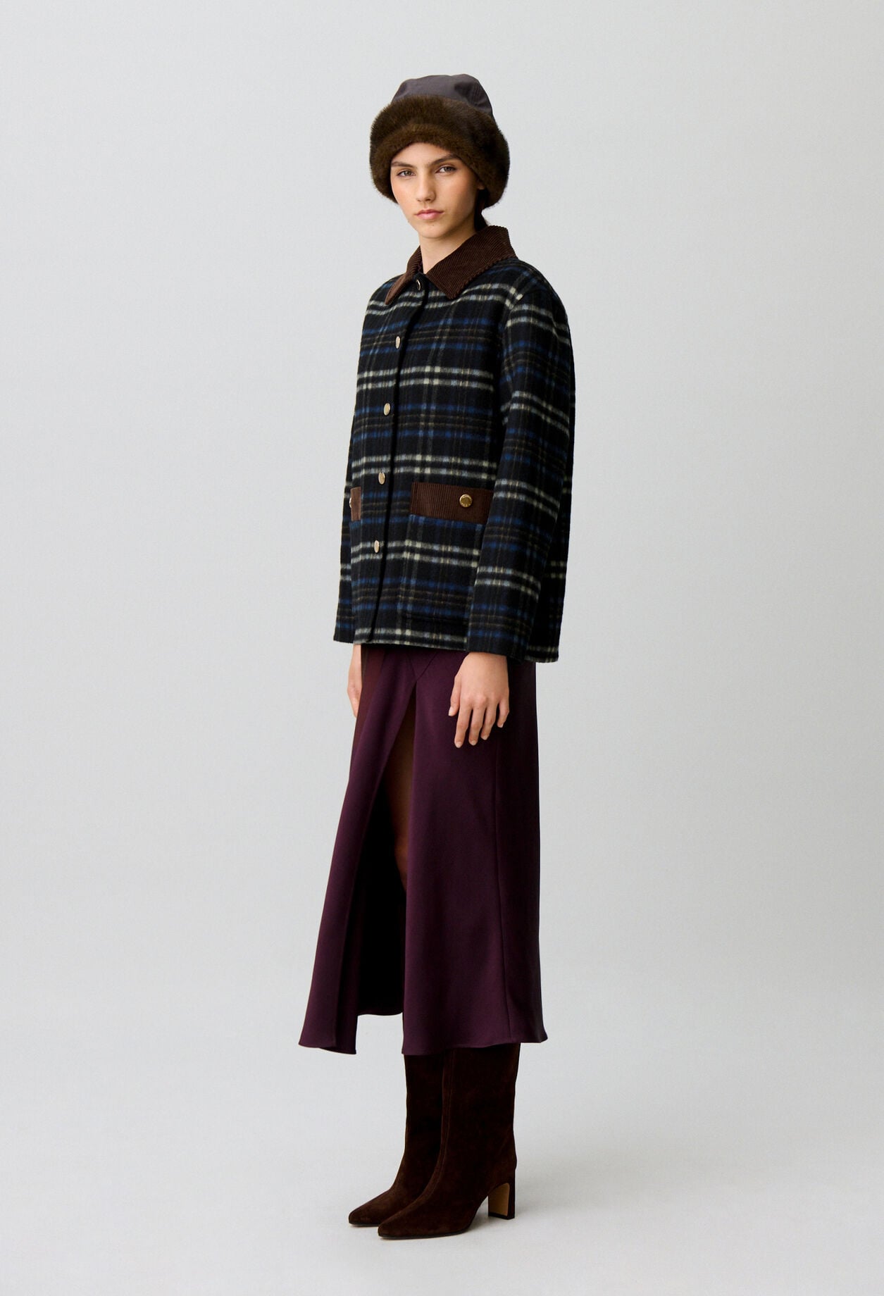 Checked wool blend coat