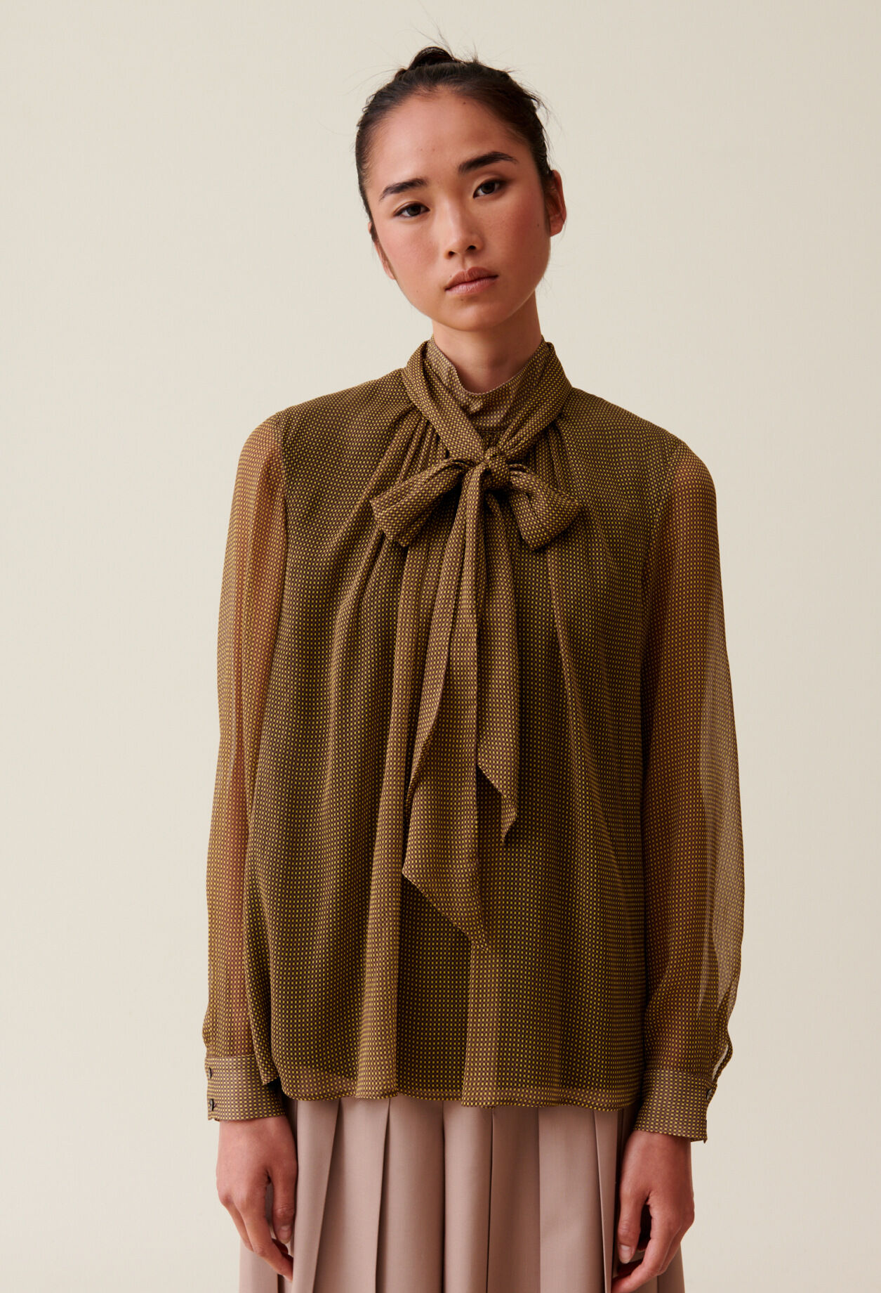 Fluid Check Tie-Neck Blouse