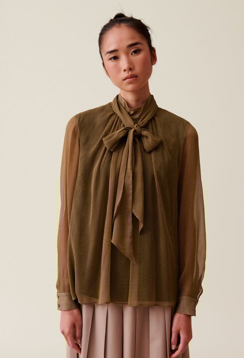 Fluid Check Tie-Neck Blouse