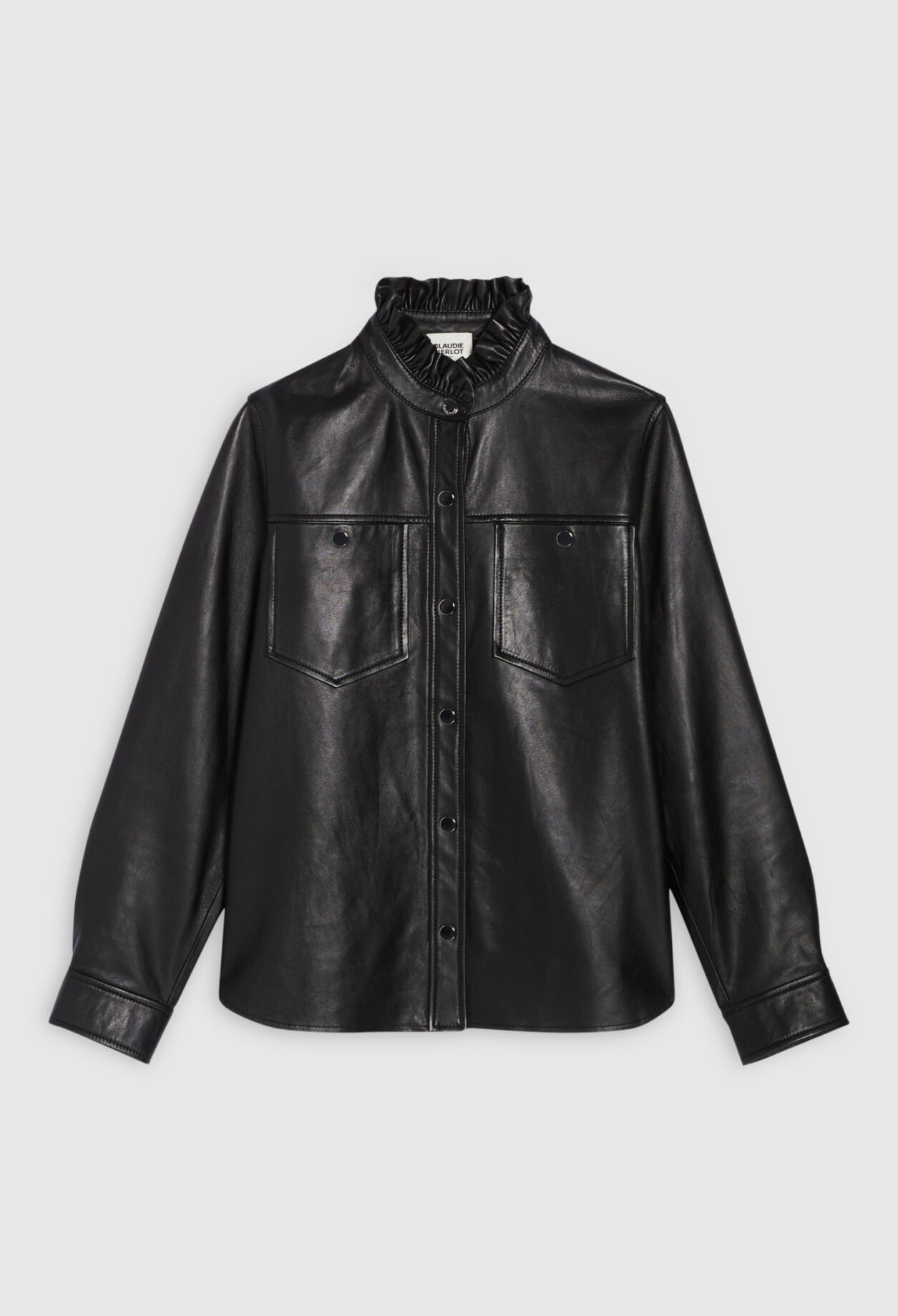 Leather shirt with ruffled collar