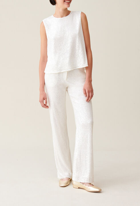 White sequinned trousers