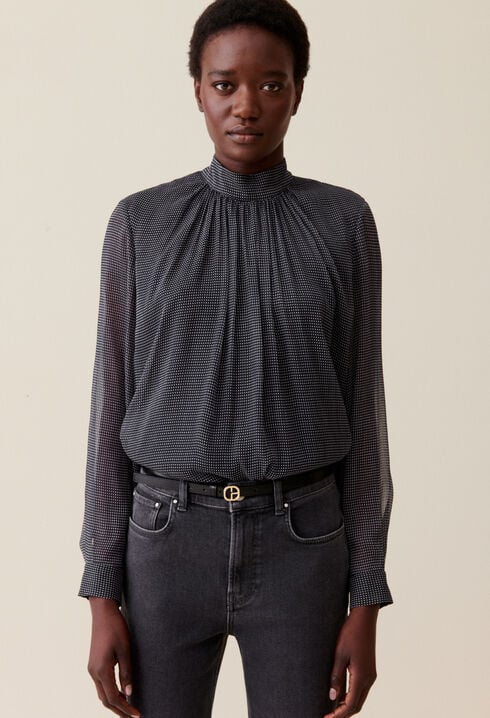 Fluid Check Tie-Neck Blouse