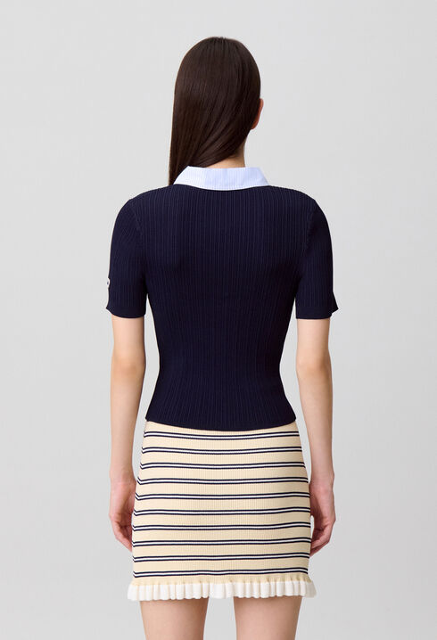 Striped bi-material cardigan