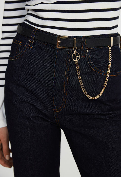 Black leather belt with chain