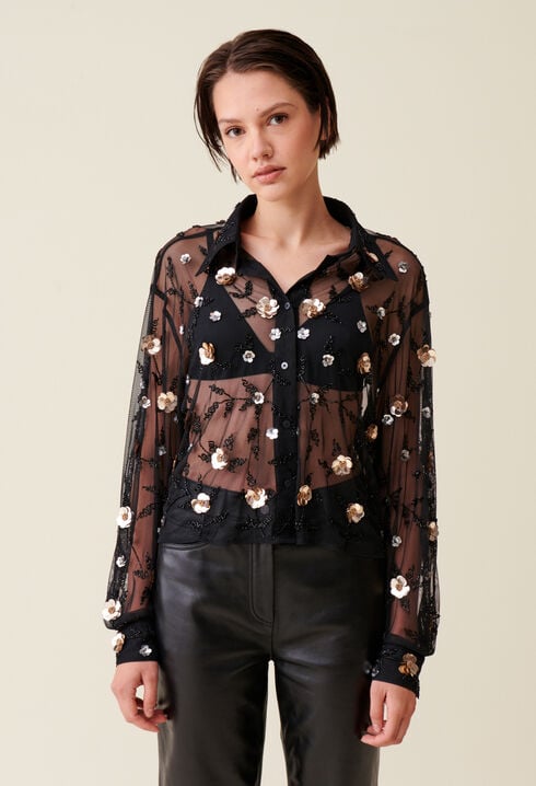 Sheer black embroidered shirt