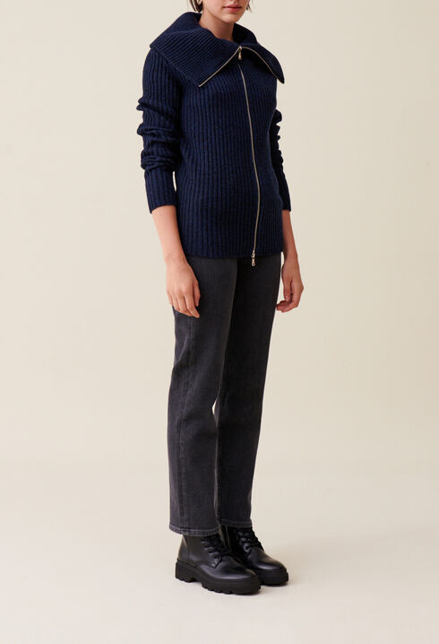 Zip-neck knitted jumper