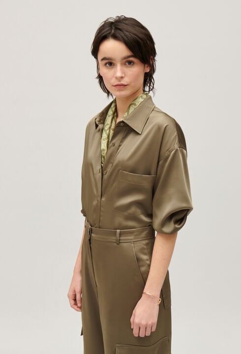 Loose-fit khaki satin-effect shirt