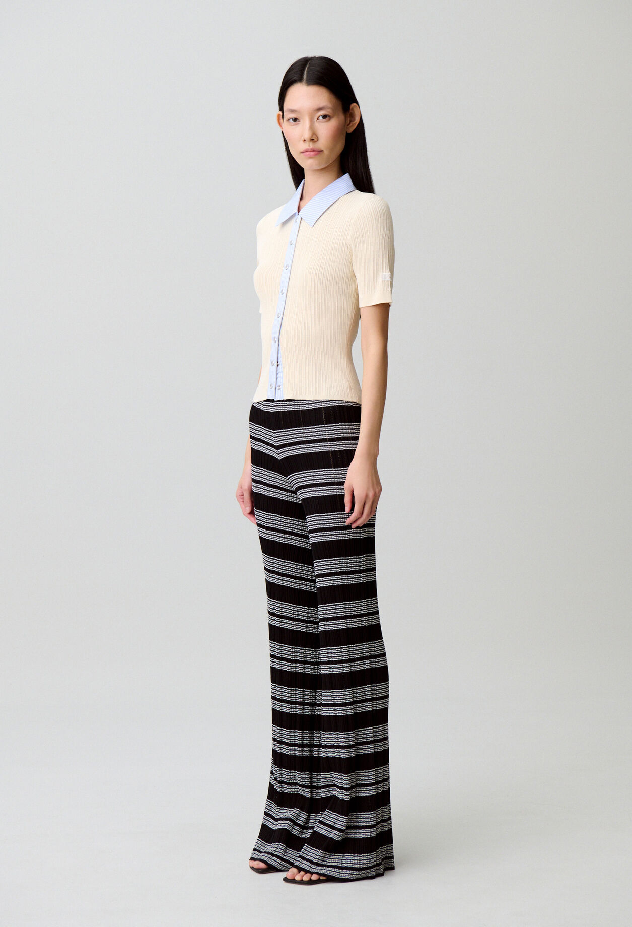 Striped bi-material cardigan