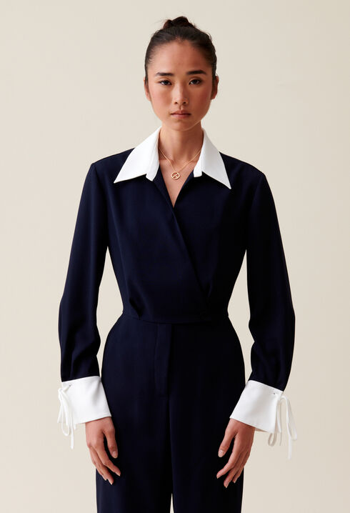 Navy dual-fabric jumpsuit
