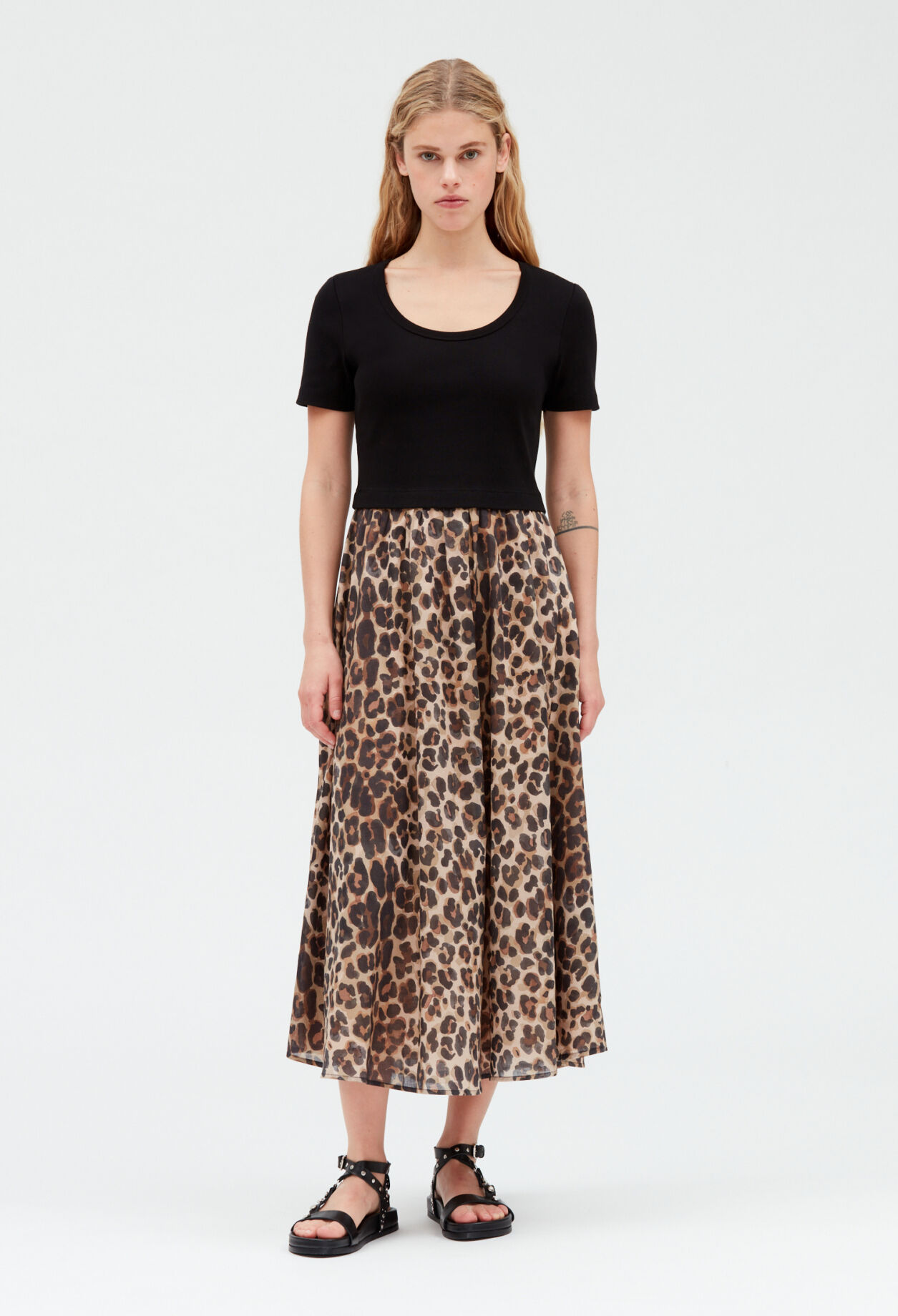 Bi-material leopard midi-dress Bi-material leopard midi-dress