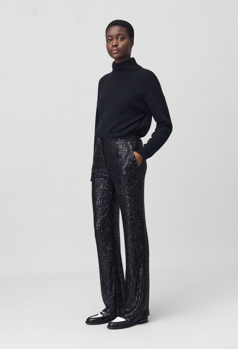 Straight-leg black sequin trousers
