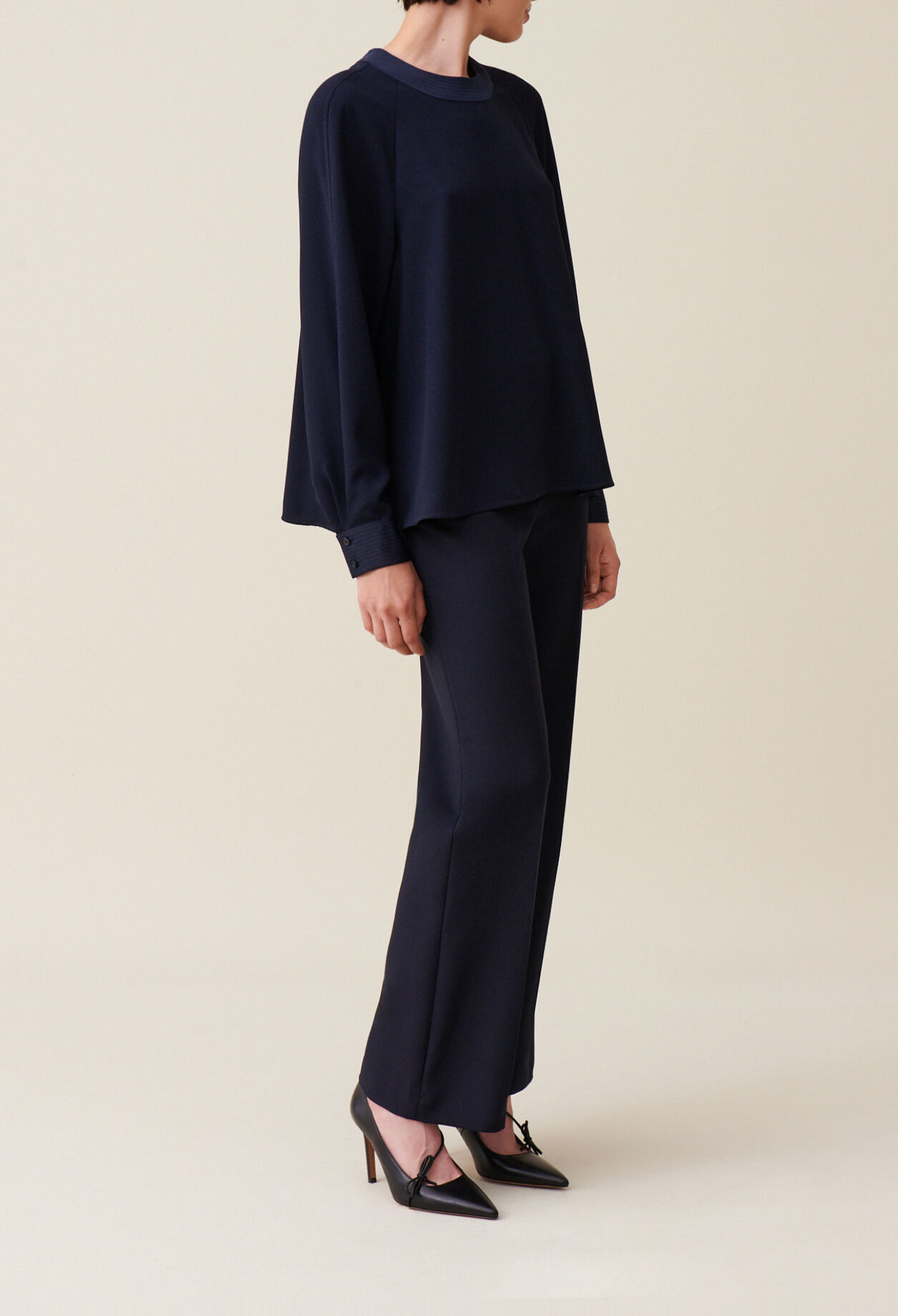 Navy belted flowy blouse