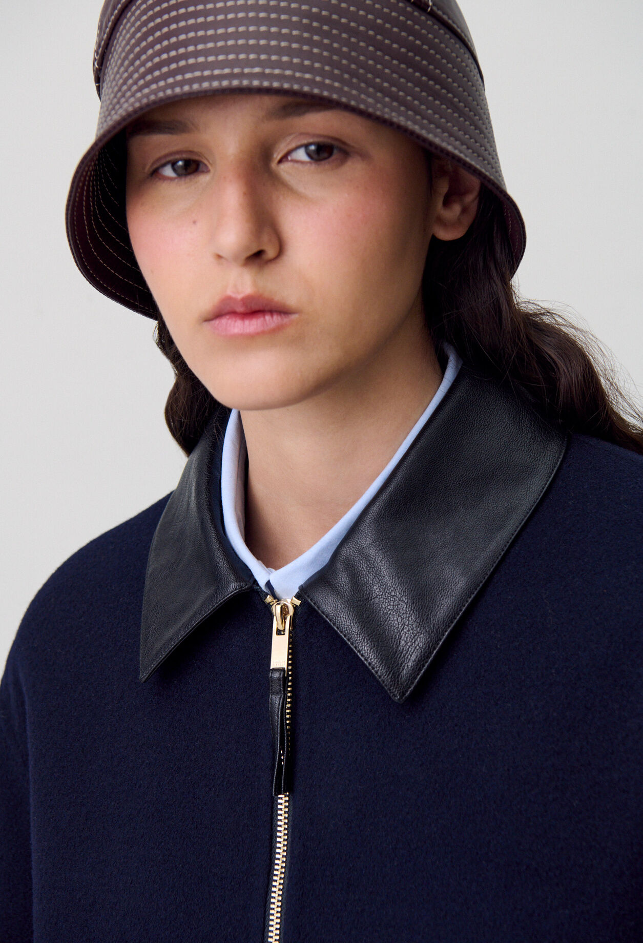 Wool Jacket Faux Leather Collar