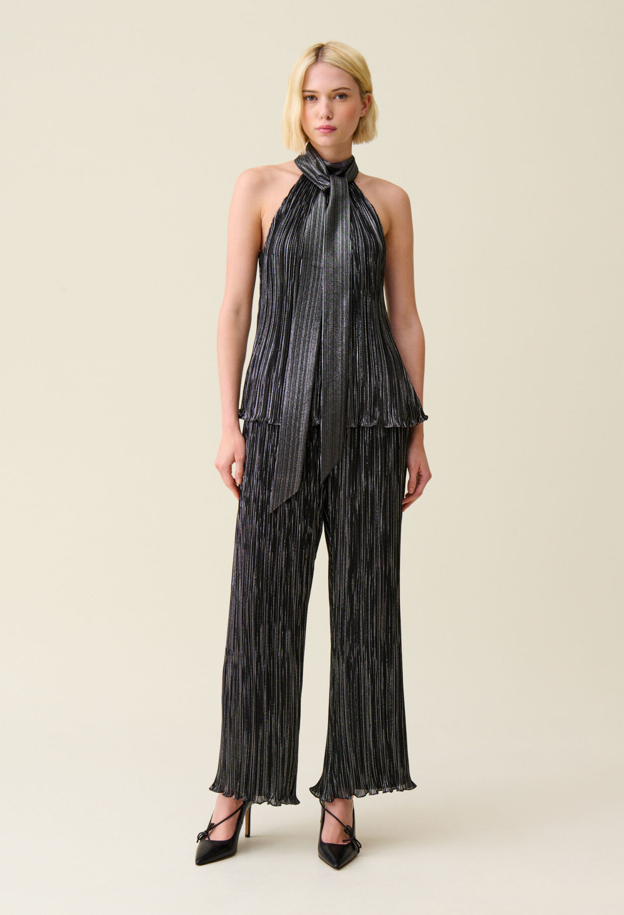 Silver pleated sleeveless top