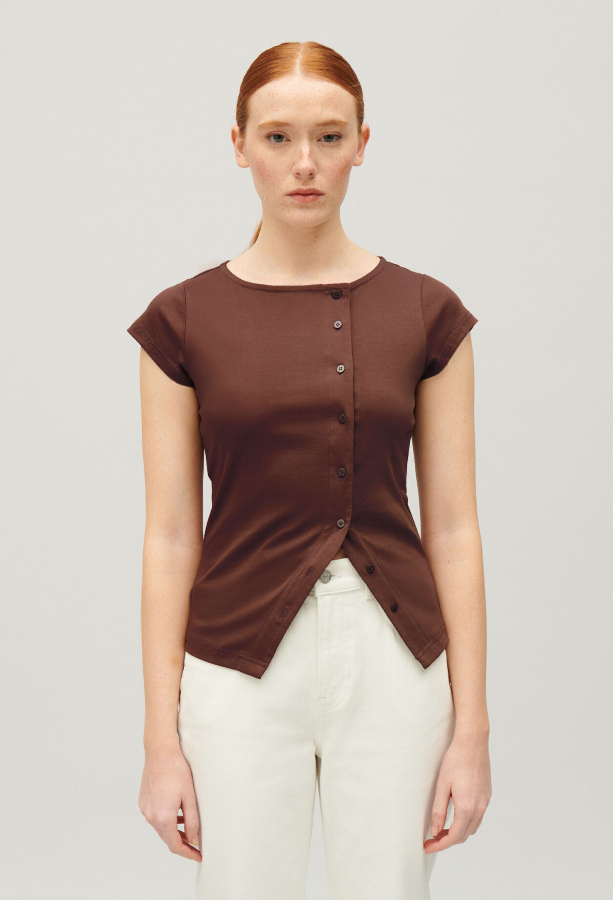 Black asymmetric button-up top