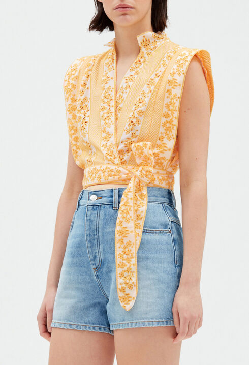 Embroidered mimosa wrap over top