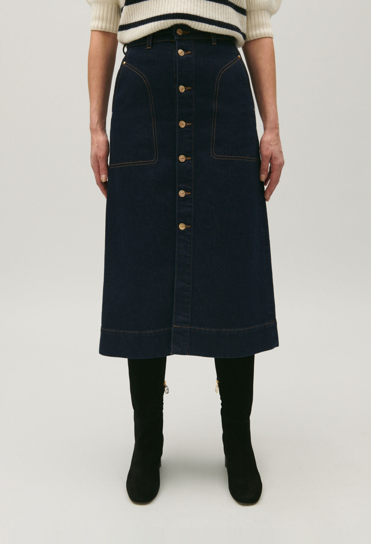 Blue denim midi skirt