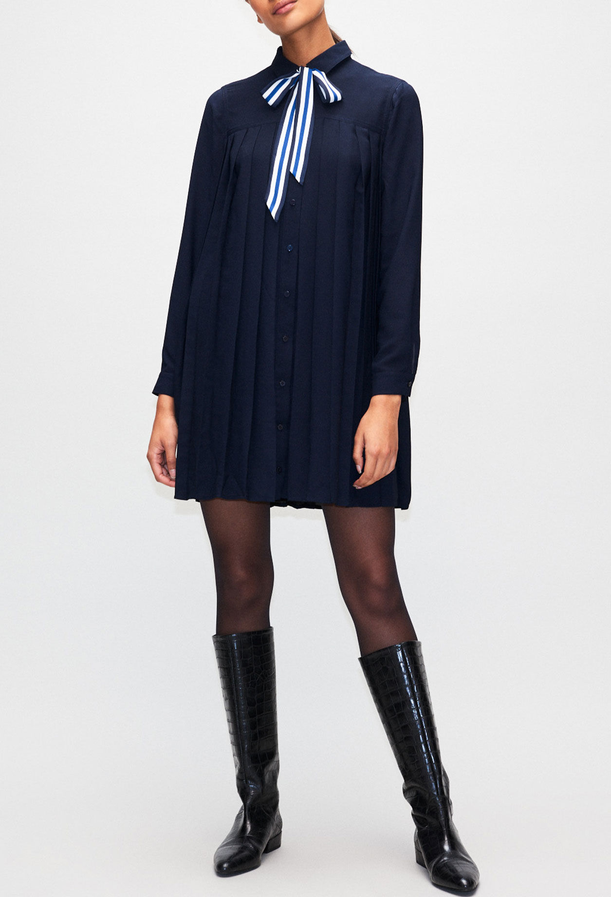 Plated shirt dress w/ lavallière detail