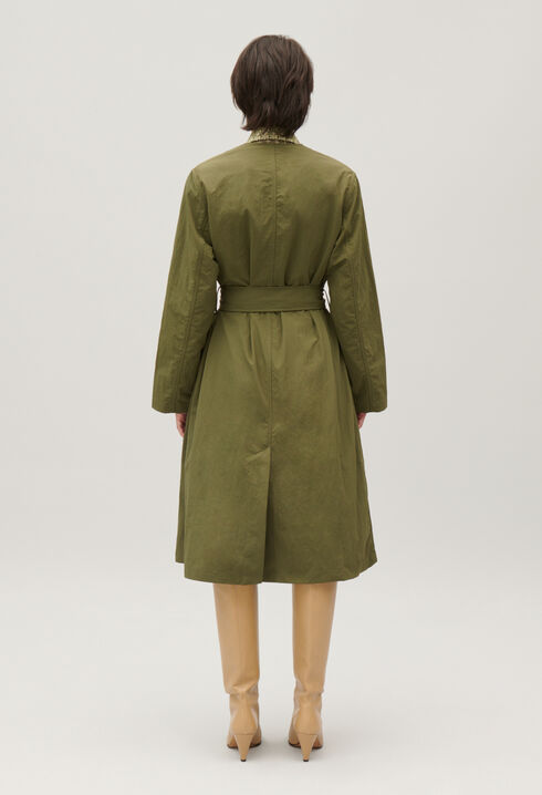 Khaki nylon mid-length trench coat
