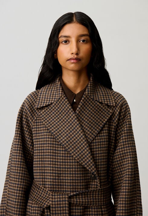 Mid-length checked belted coat