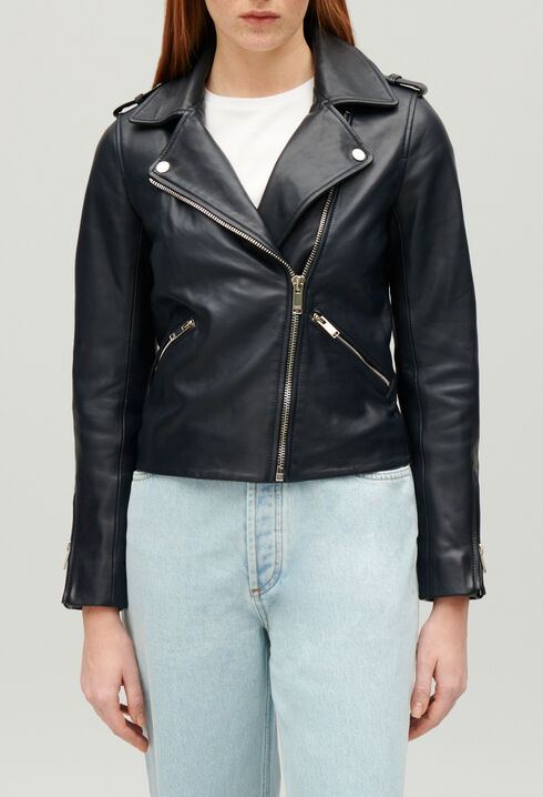 Navy blue smooth leather jacket