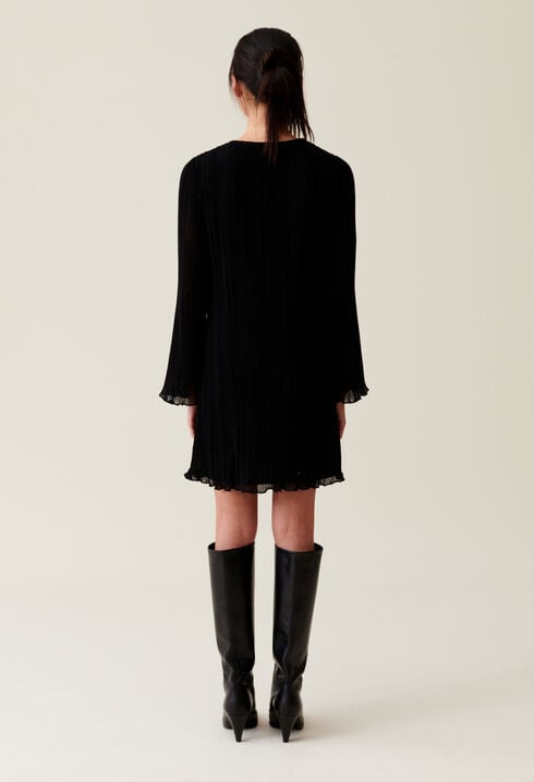 Pleated Short Dress, Long Sleeves