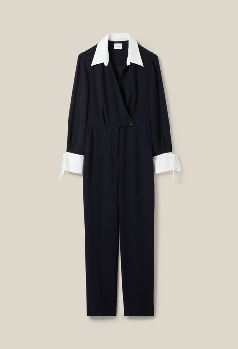 Navy dual-fabric jumpsuit