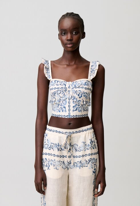 Ruffled linen bustier top