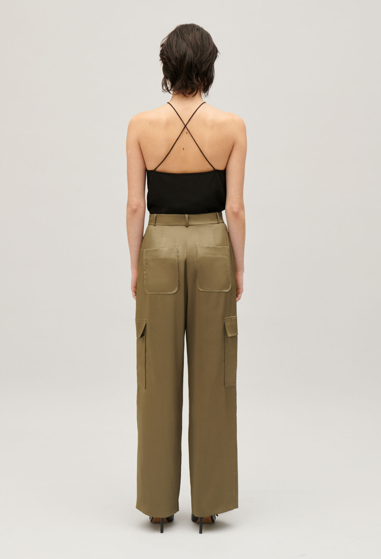 Khaki satin-effect floaty cargo trousers