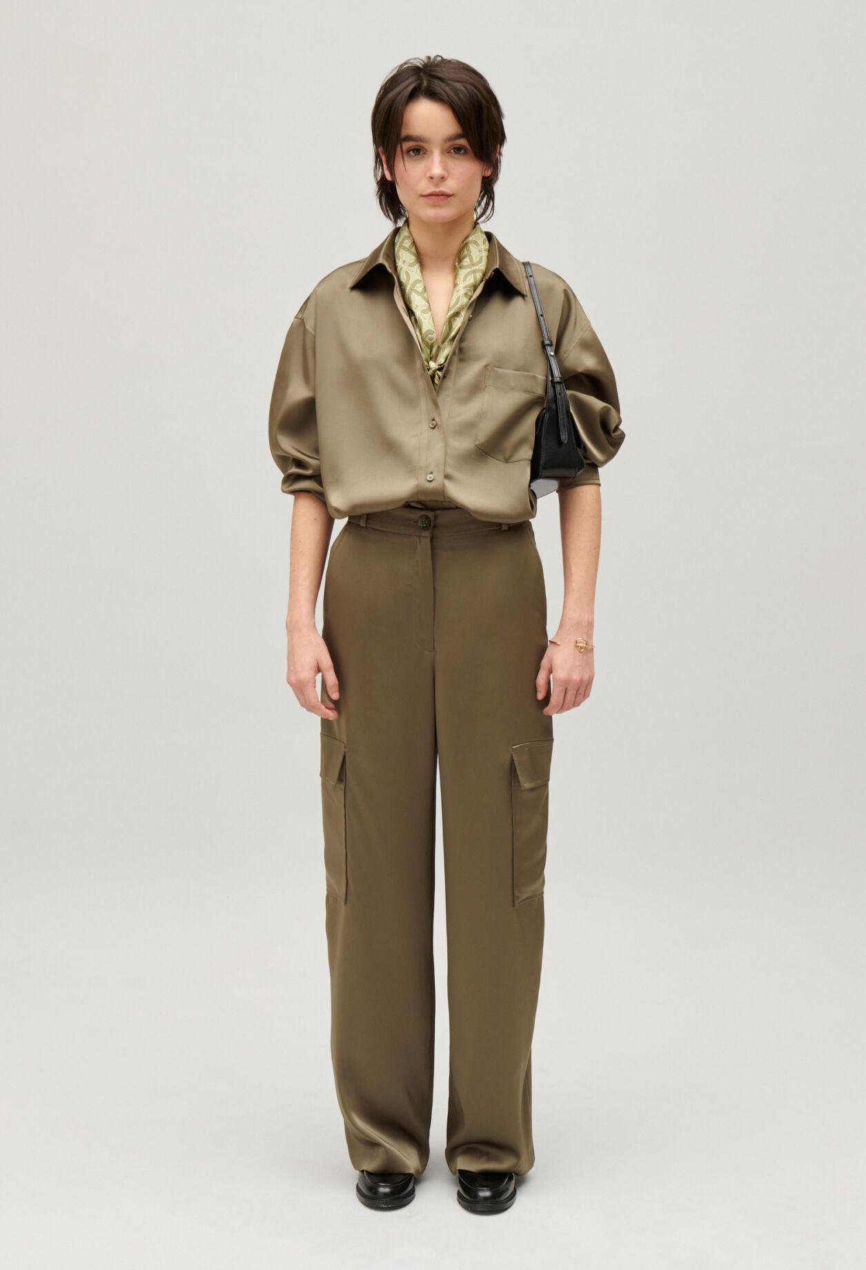 Loose-fit khaki satin-effect shirt