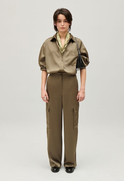 Loose-fit khaki satin-effect shirt