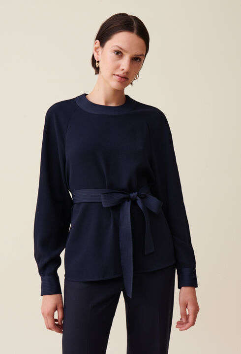 Navy belted flowy blouse