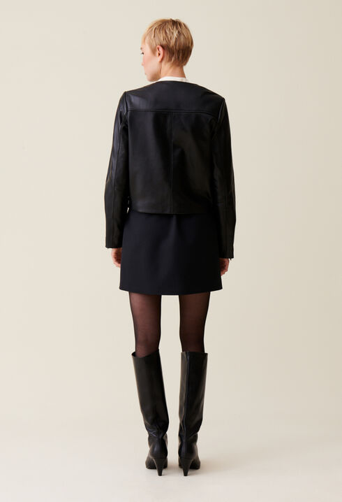 Short Round Neck Leather Jacket