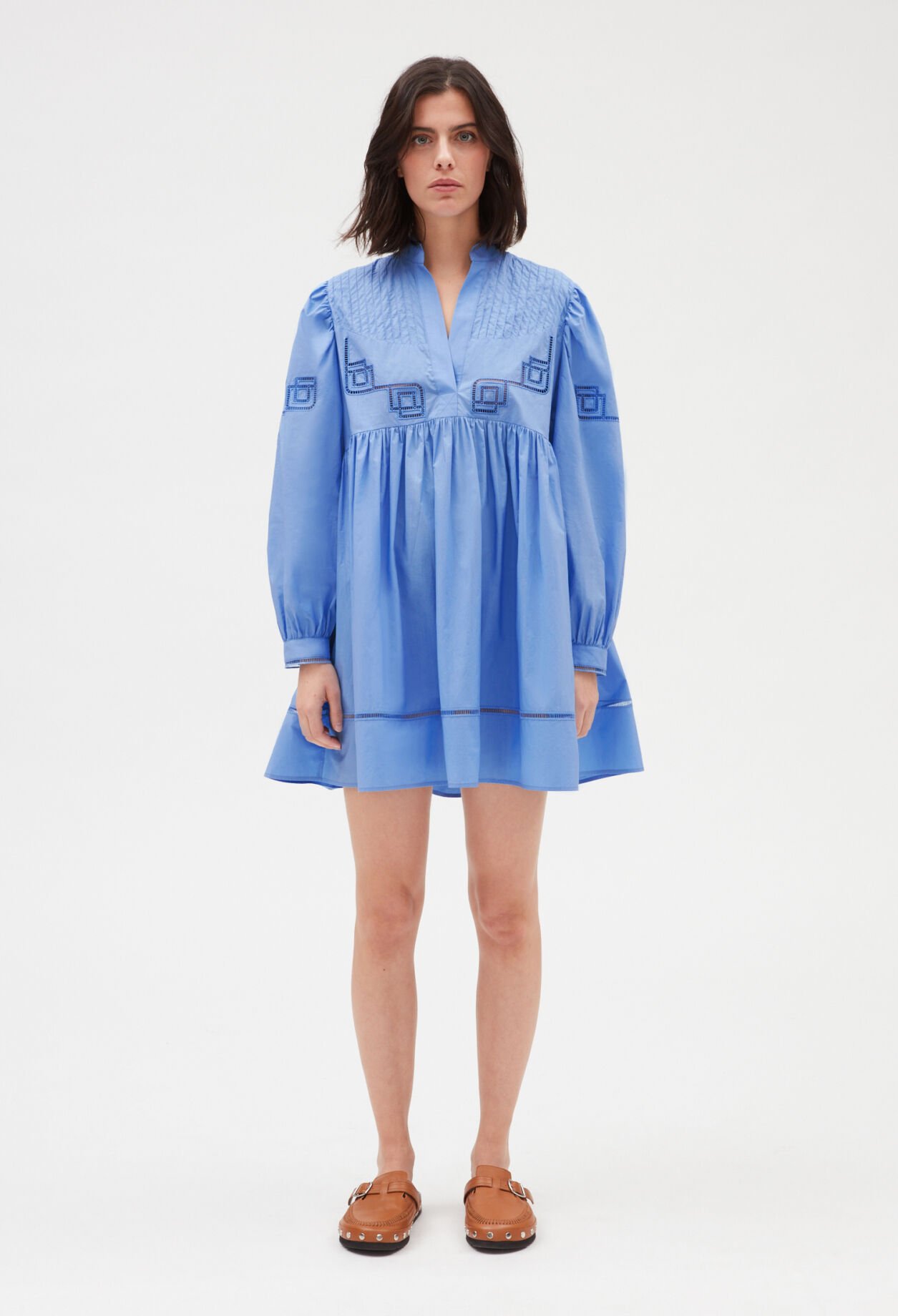 Embroidered blue cotton mini dress
