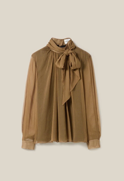 Fluid Check Tie-Neck Blouse