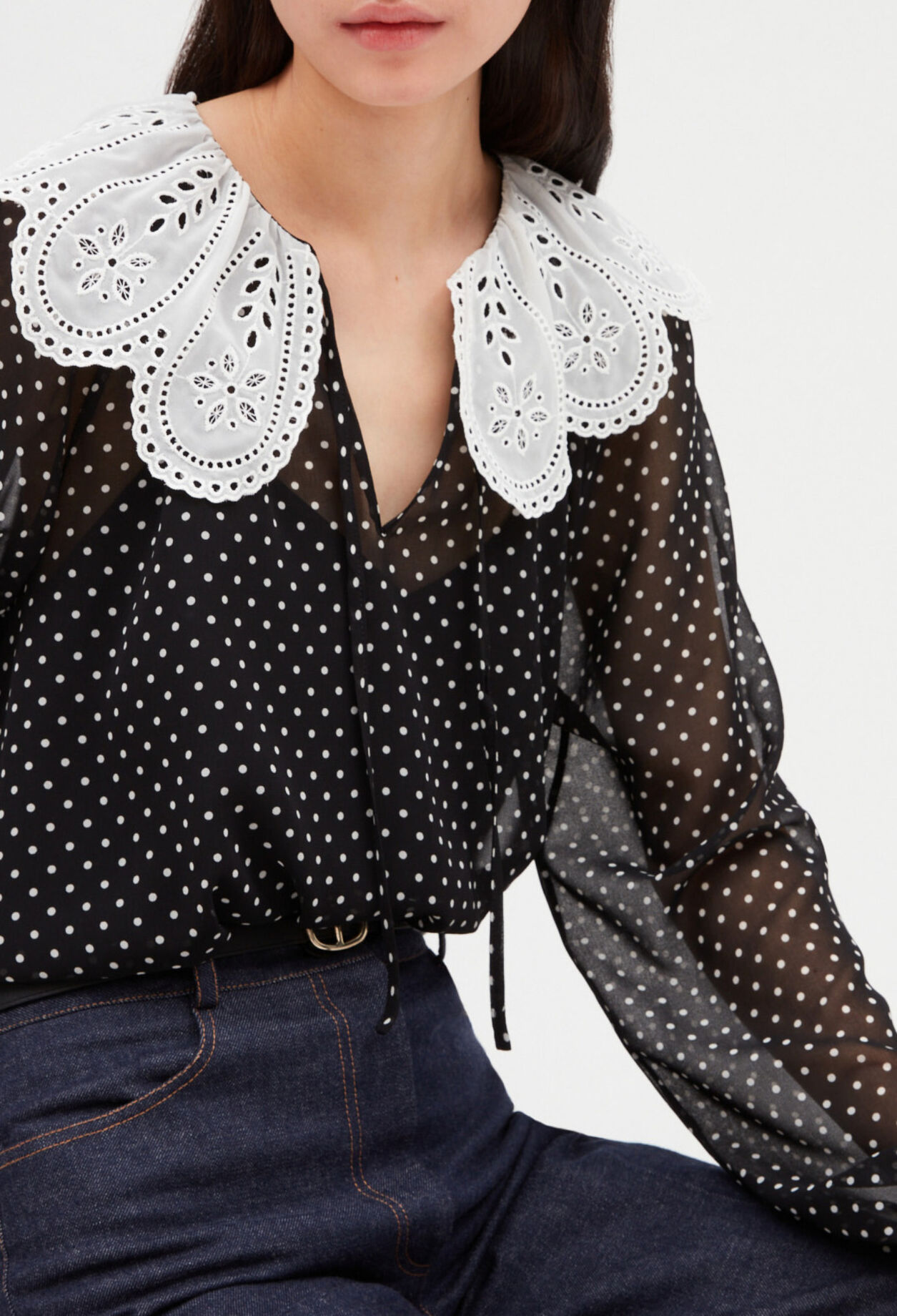 Polka dot blouse with Claudine collar