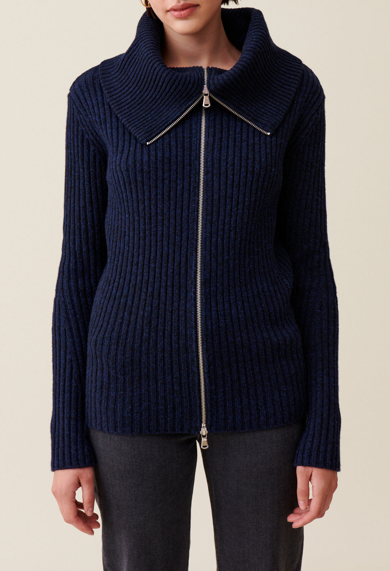Zip-neck knitted jumper