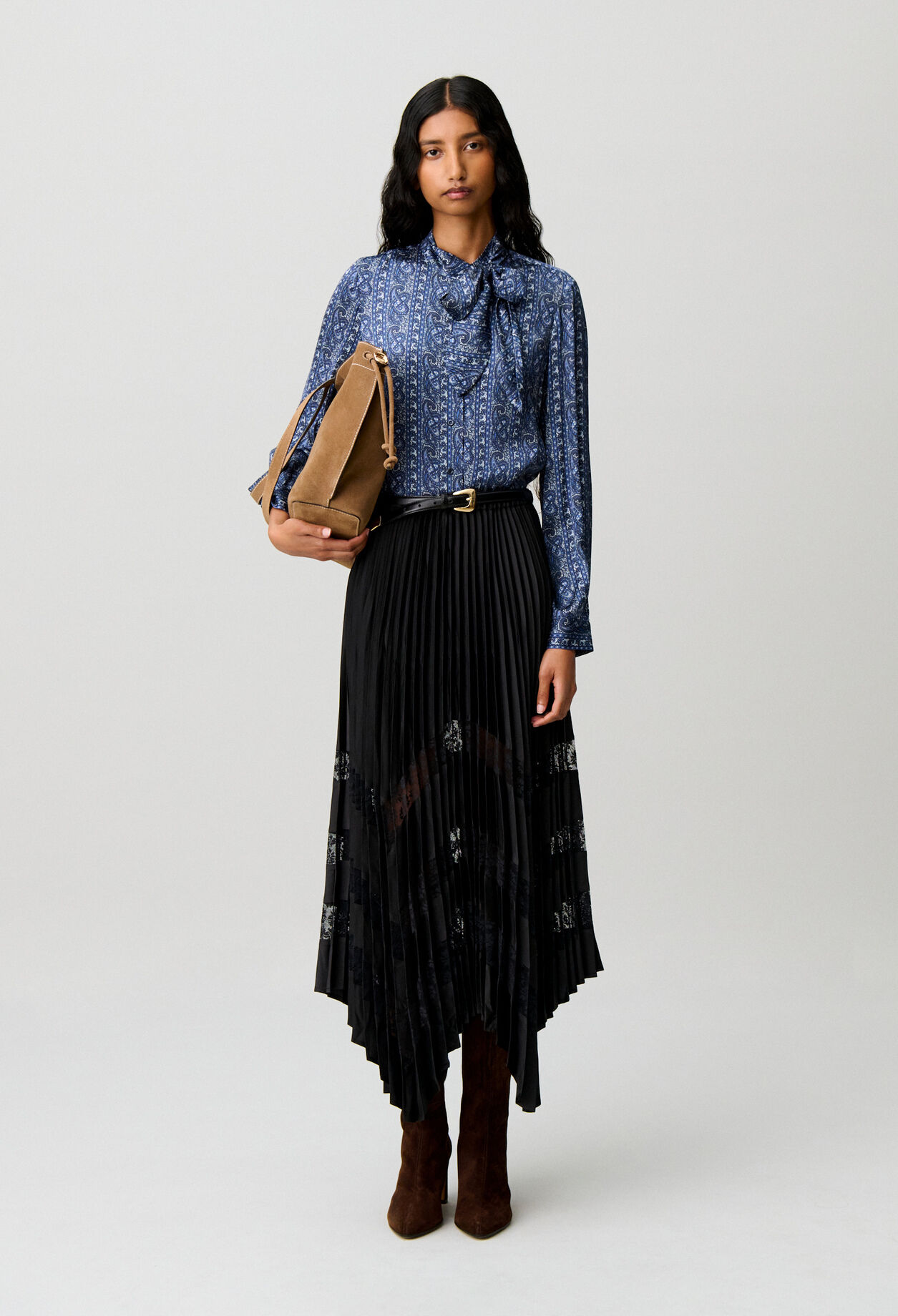 Pleated satin and lace skirt