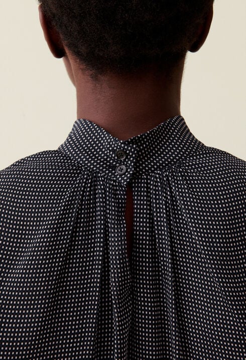 Fluid Check Tie-Neck Blouse