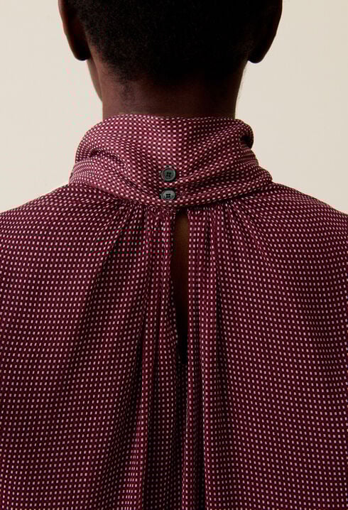 Fluid Check Tie-Neck Blouse