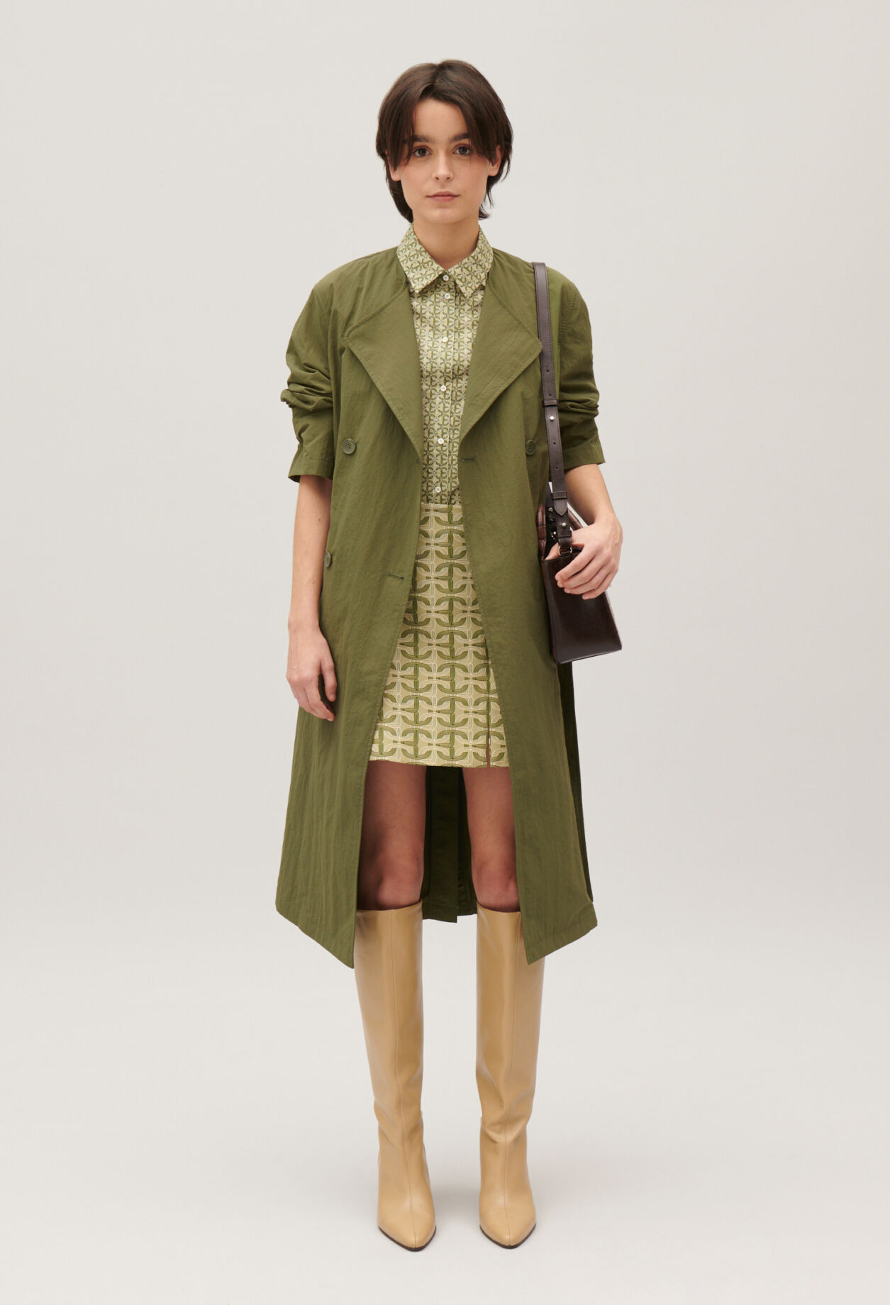Khaki nylon mid-length trench coat