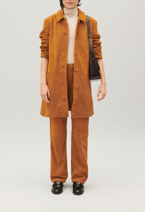 Dark beige straight suede leather coat
