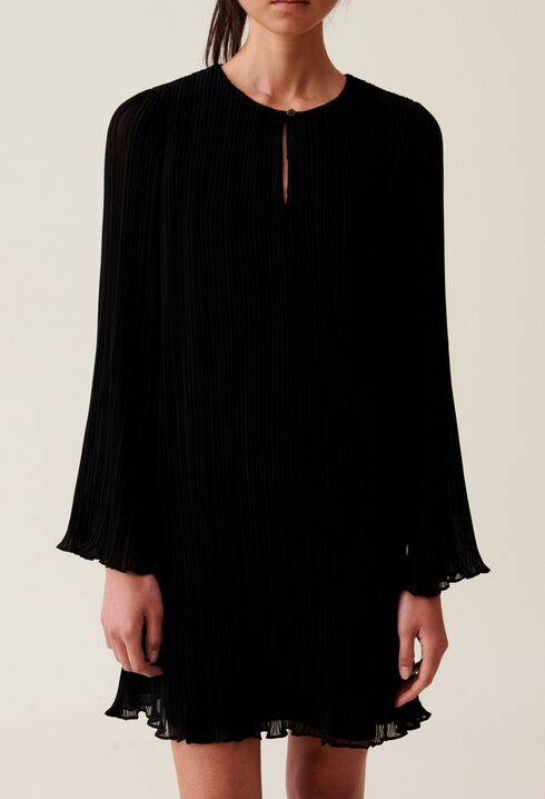 Pleated Short Dress, Long Sleeves