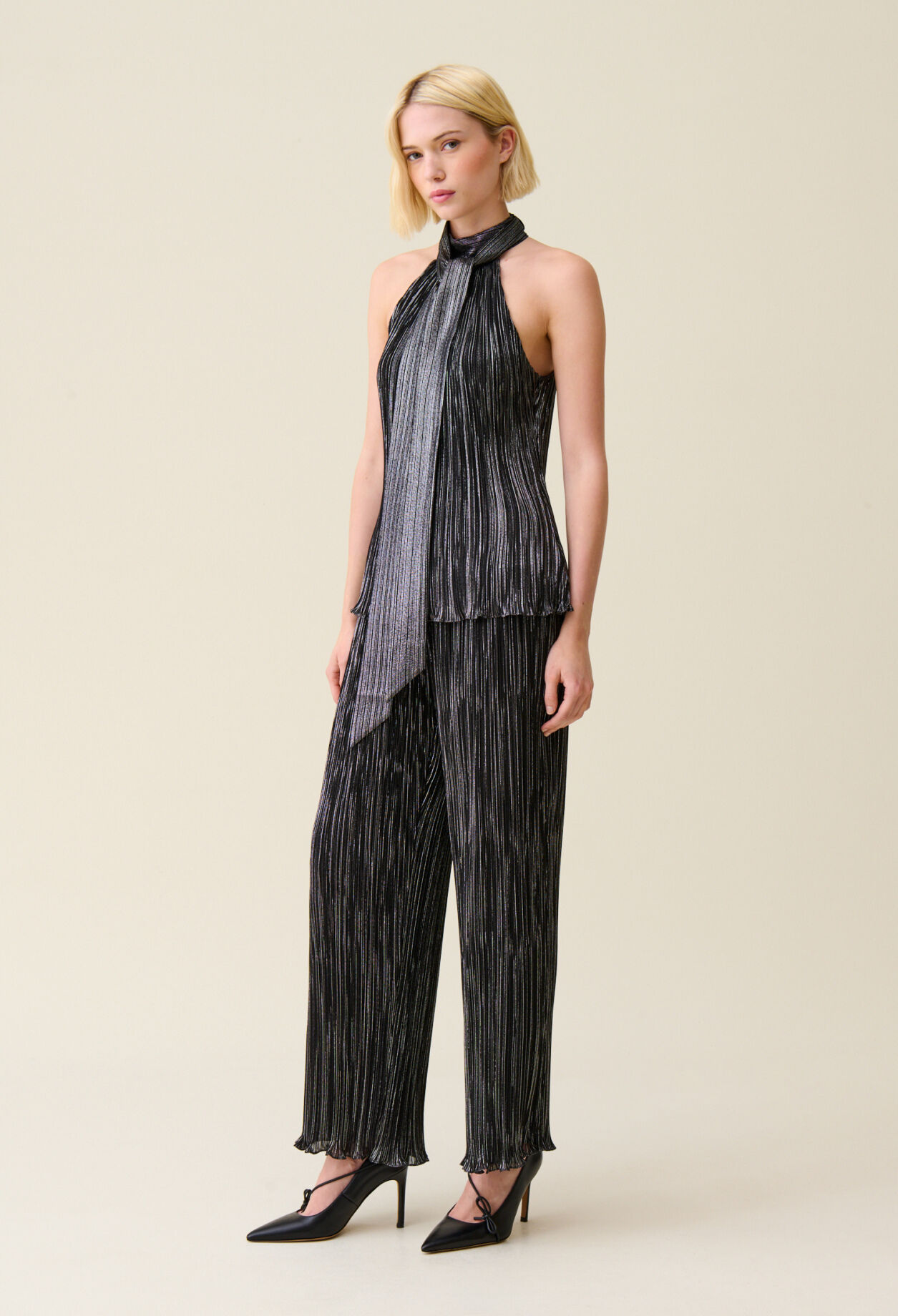 Silver pleated sleeveless top