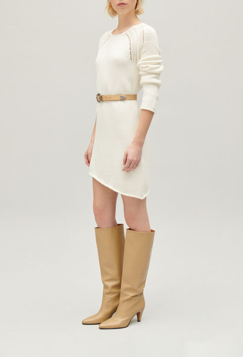 Short ecru asymmetric knitted dress