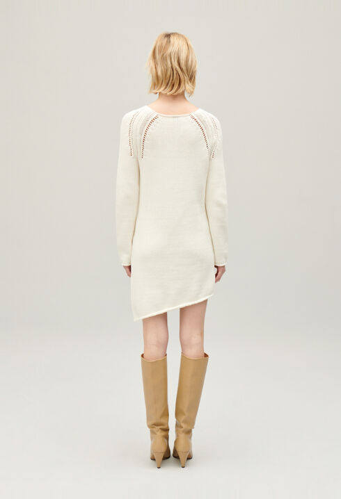 Short ecru asymmetric knitted dress